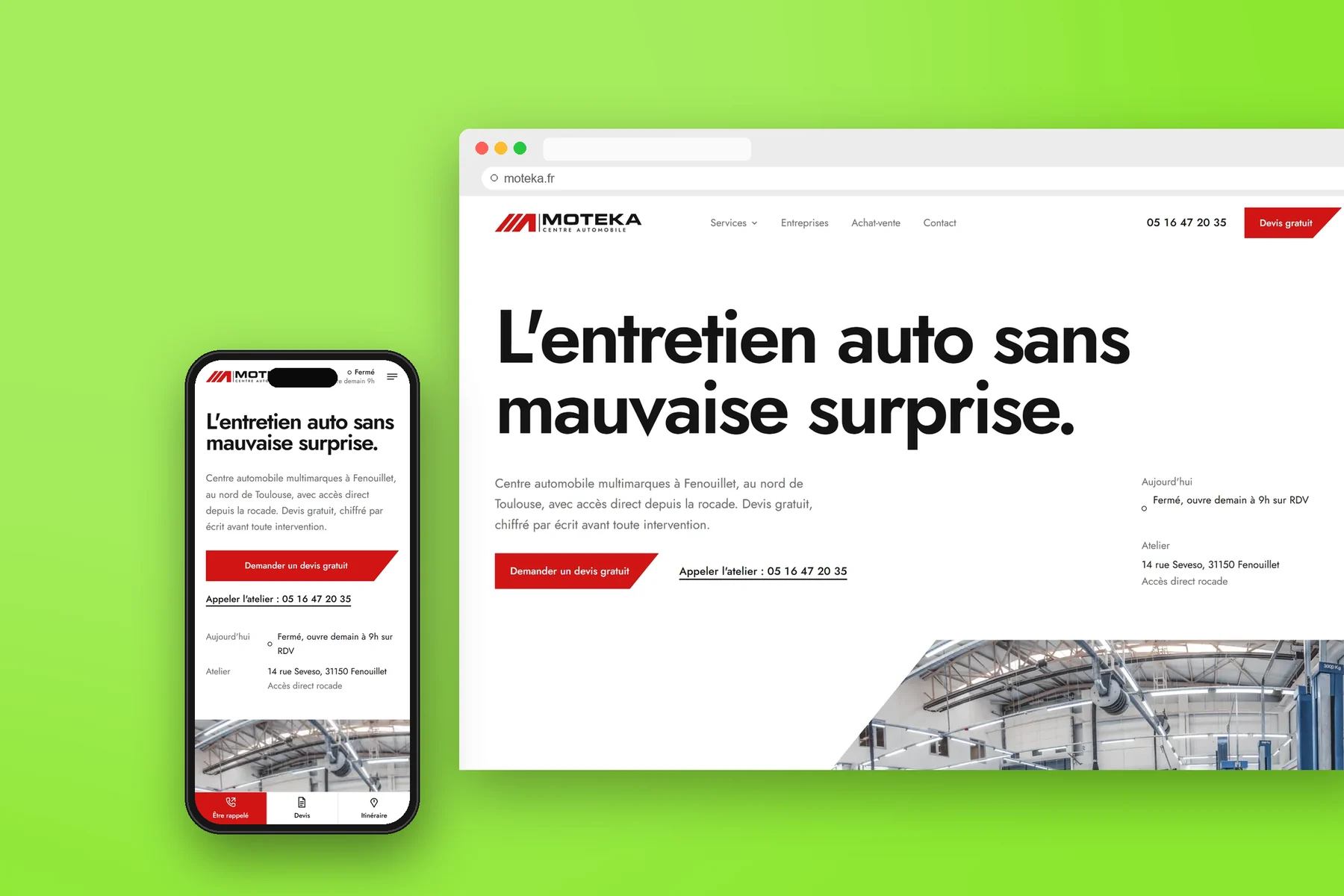 Moteka — mockup du site sur ordinateur et mobile