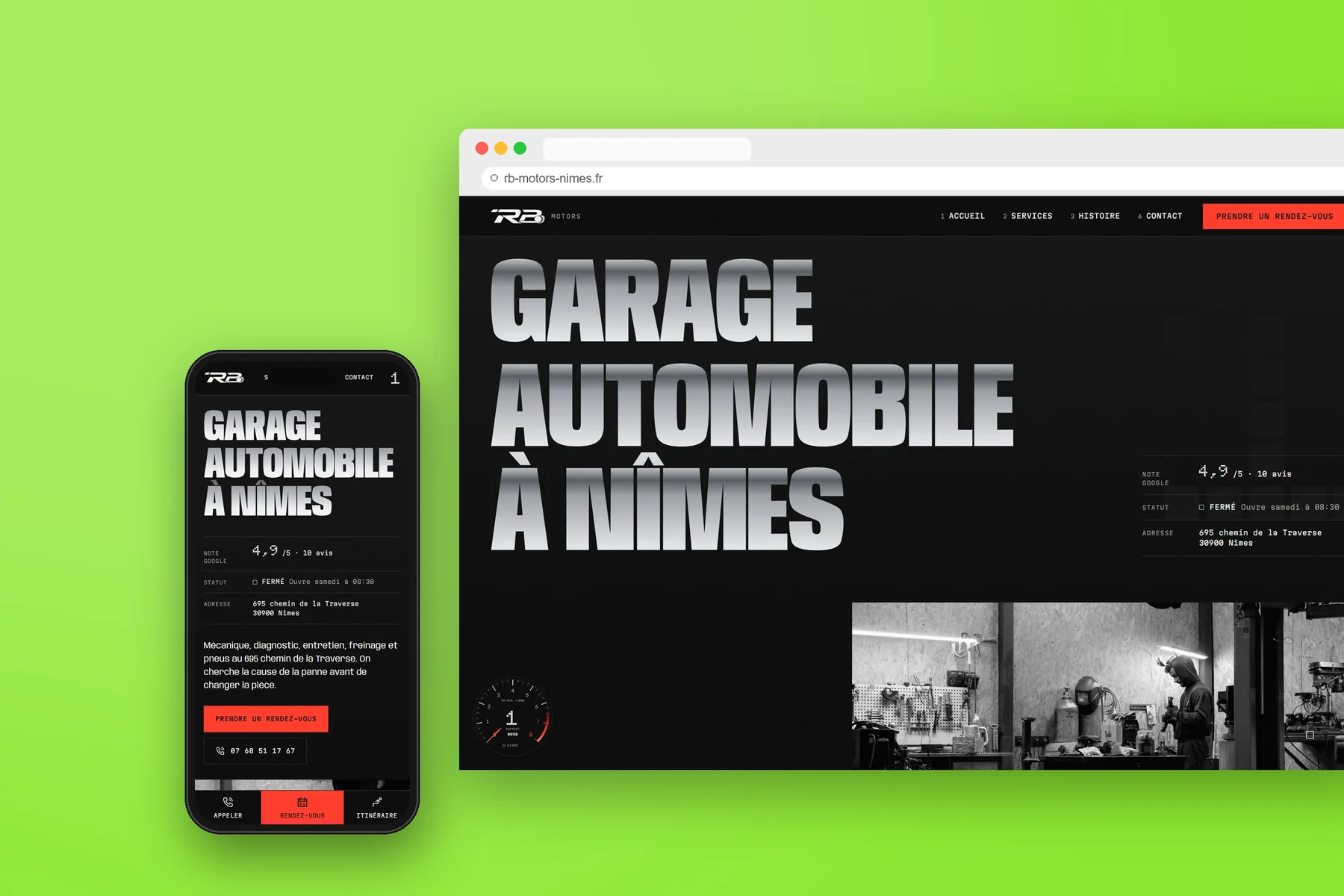 RB Motors — mockup du site sur ordinateur et mobile