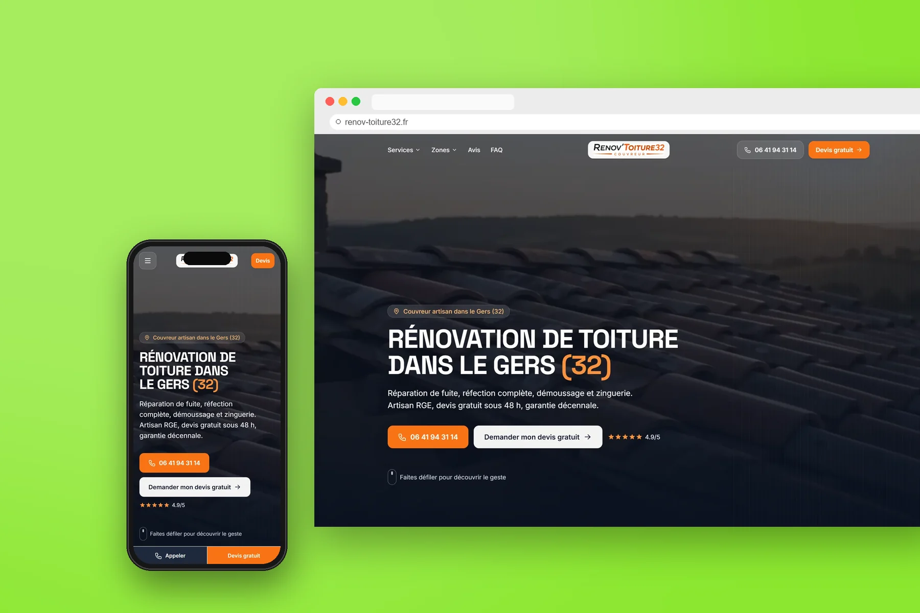 Rénov Toiture 32 — mockup du site sur ordinateur et mobile