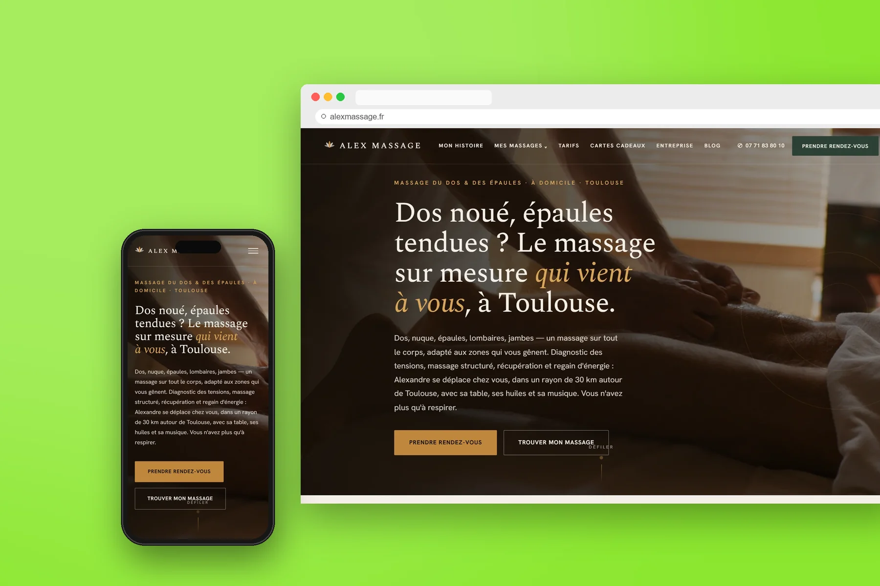 Alex Massage — mockup du site sur ordinateur et mobile