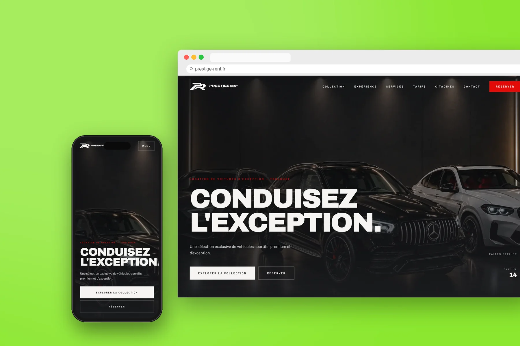 Prestige Rent — mockup du site sur ordinateur et mobile
