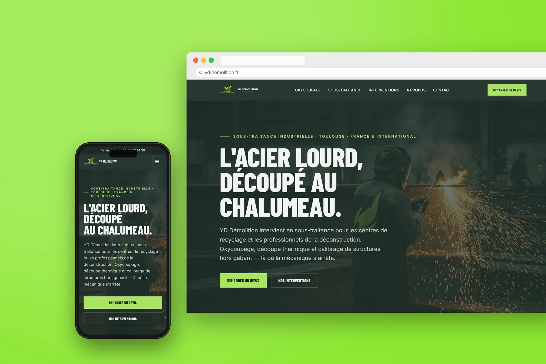 YD Démolition — mockup du site sur ordinateur et mobile