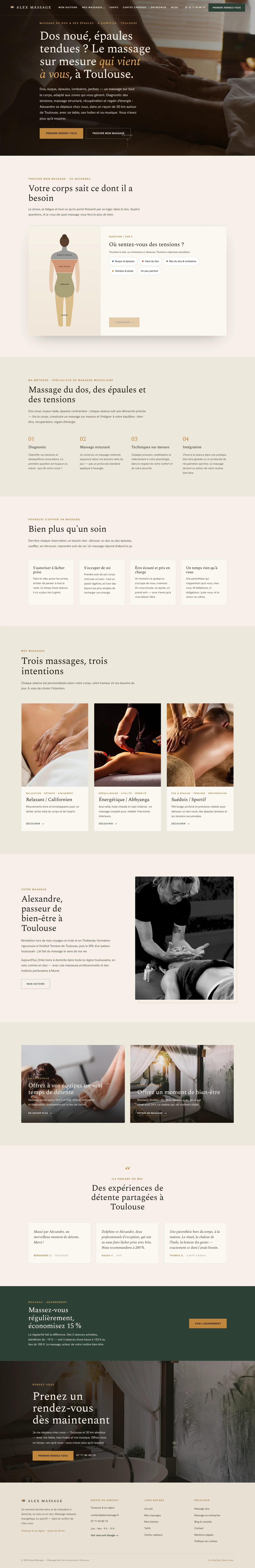 Page d'accueil complète du site Alex Massage, version ordinateur